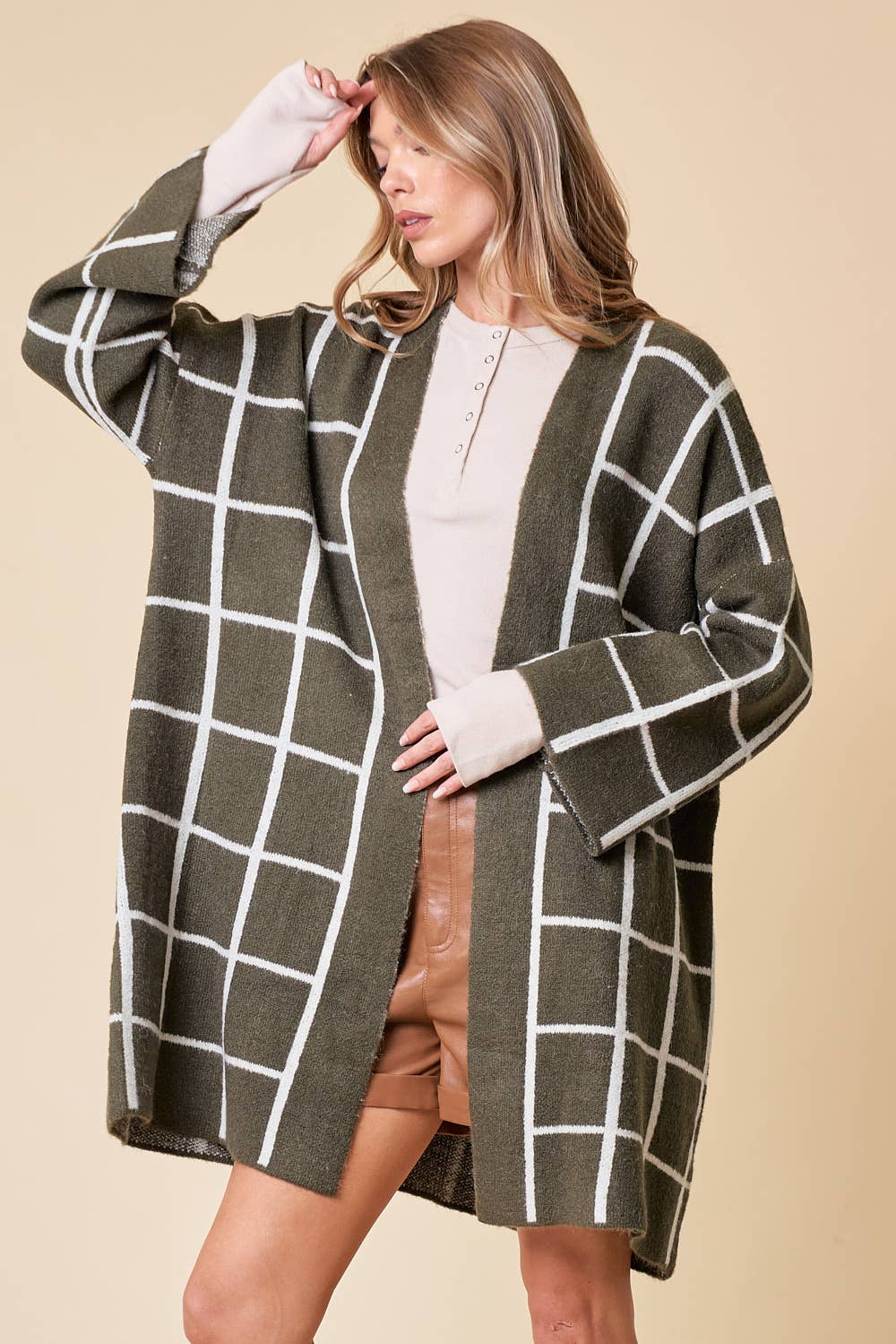GRID PATTERNED LONG CARDIGAN - 1627C
