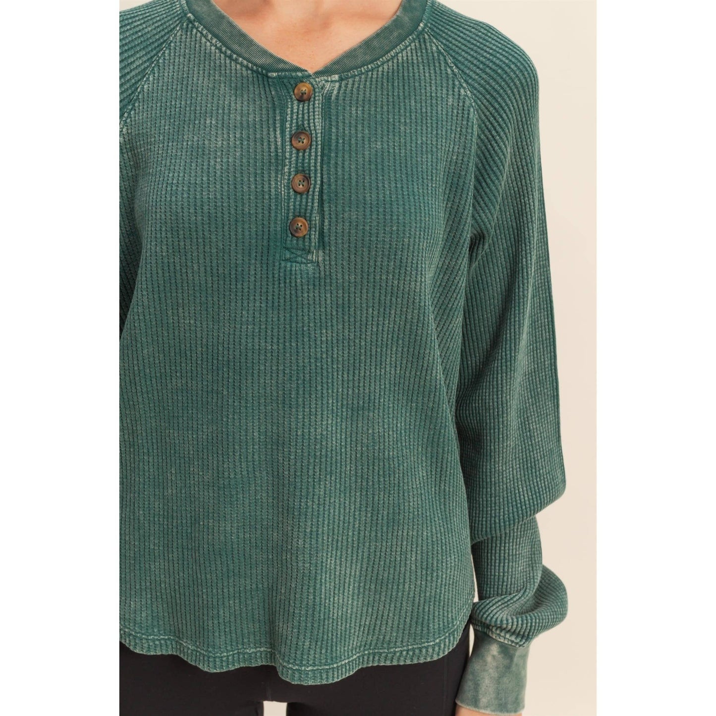 Mineral Washed Henley Waffle Raglan Sleeve Top