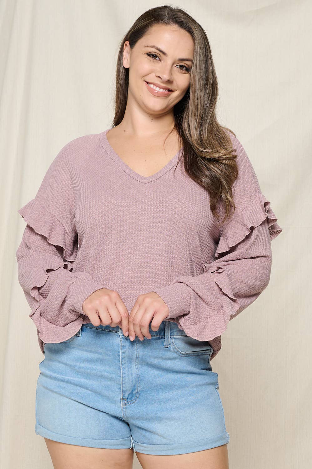 PLUS SIZE RUFFLE SLEEVE BRUSHED THERMAL TOP