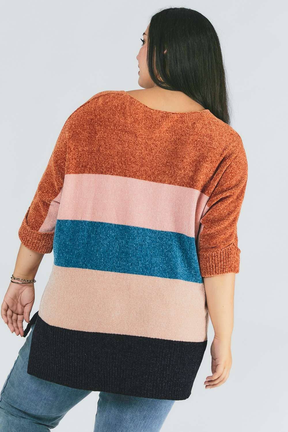 PLUS MULTI STRIPE COLORBLOCK LOOSE FIT SWEATER