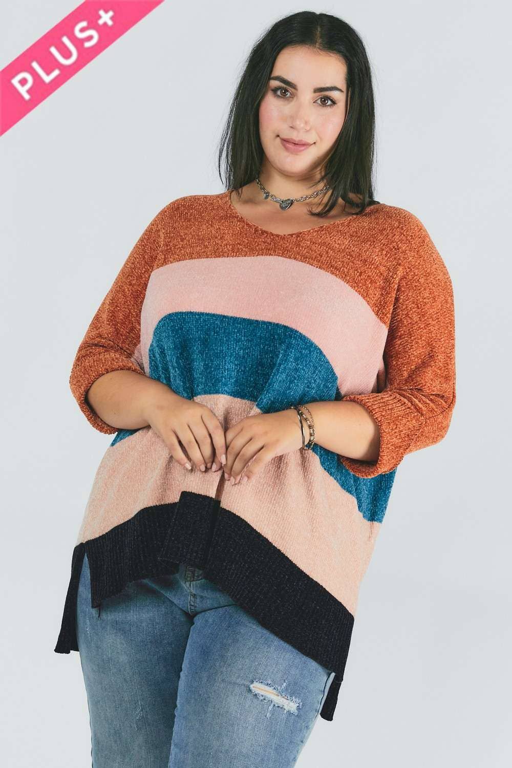 PLUS MULTI STRIPE COLORBLOCK LOOSE FIT SWEATER