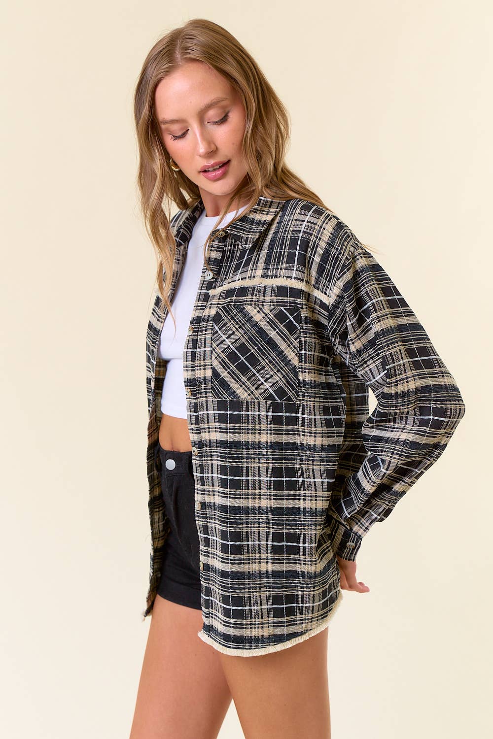 Plaid Flannel Shirt W/ Fringe Edge