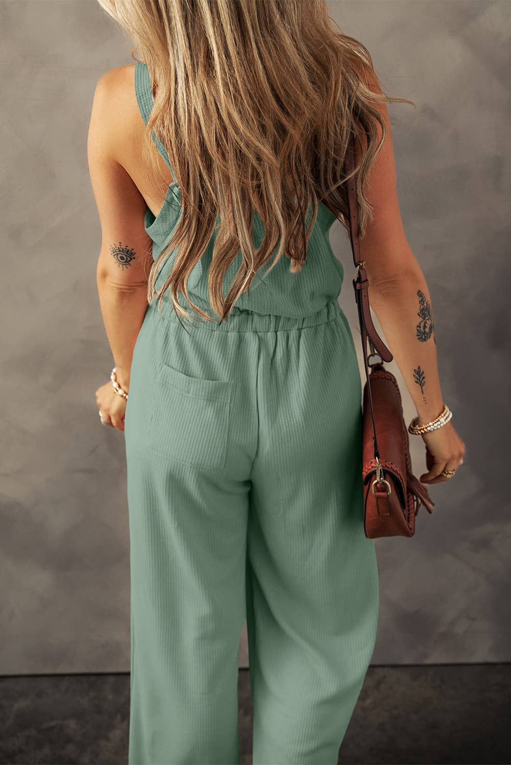 Textured Drawstring Jumpsuit- Pale Khaki