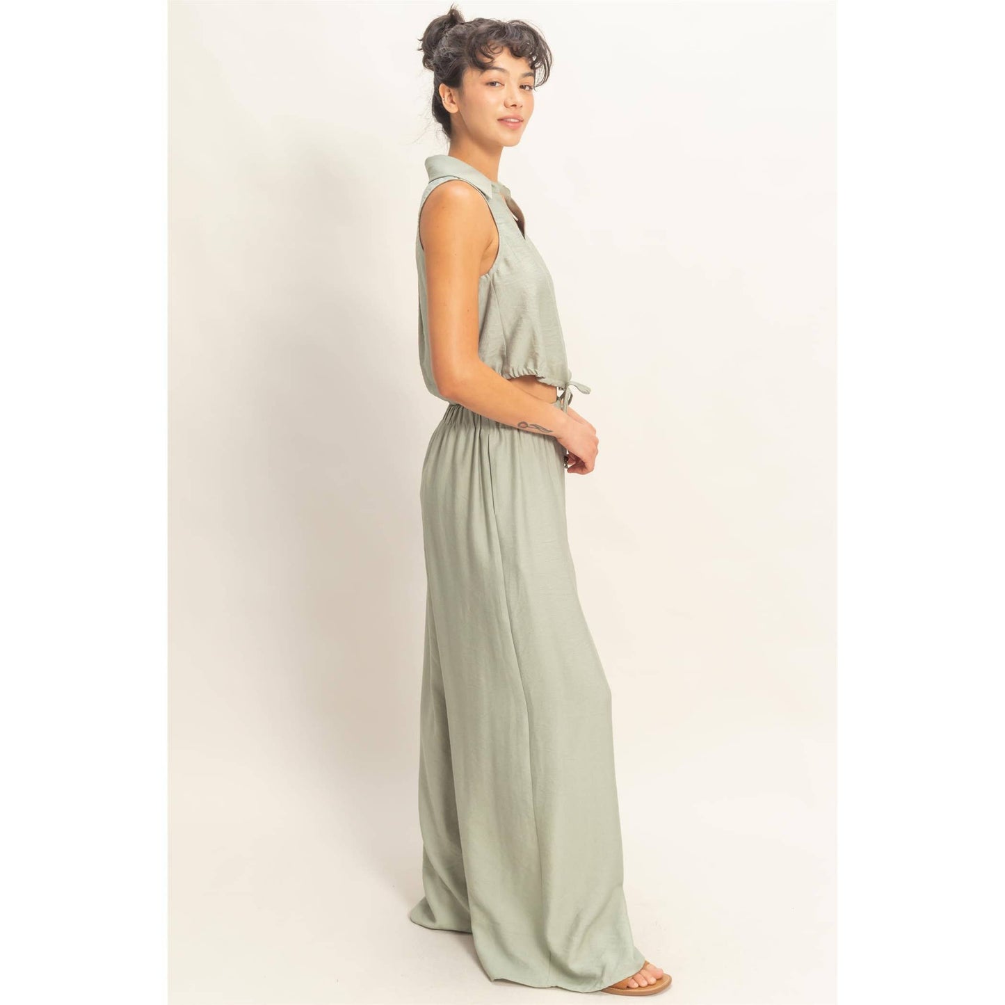 Button Front Vest & Elastic Pants Set