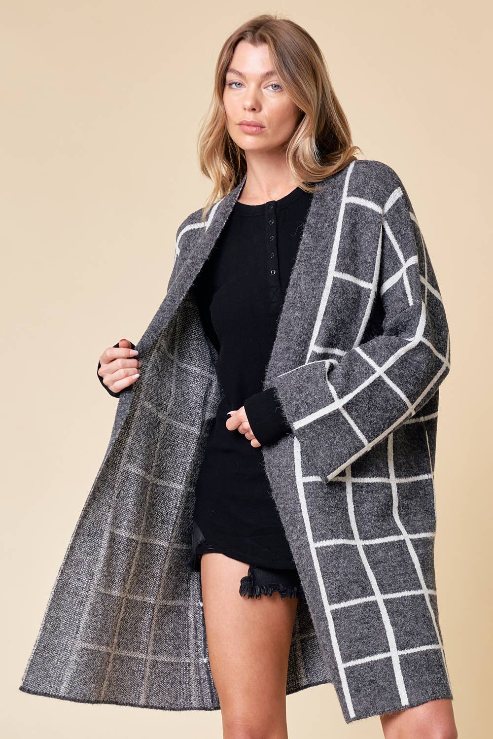 GRID PATTERNED LONG CARDIGAN - 1627C