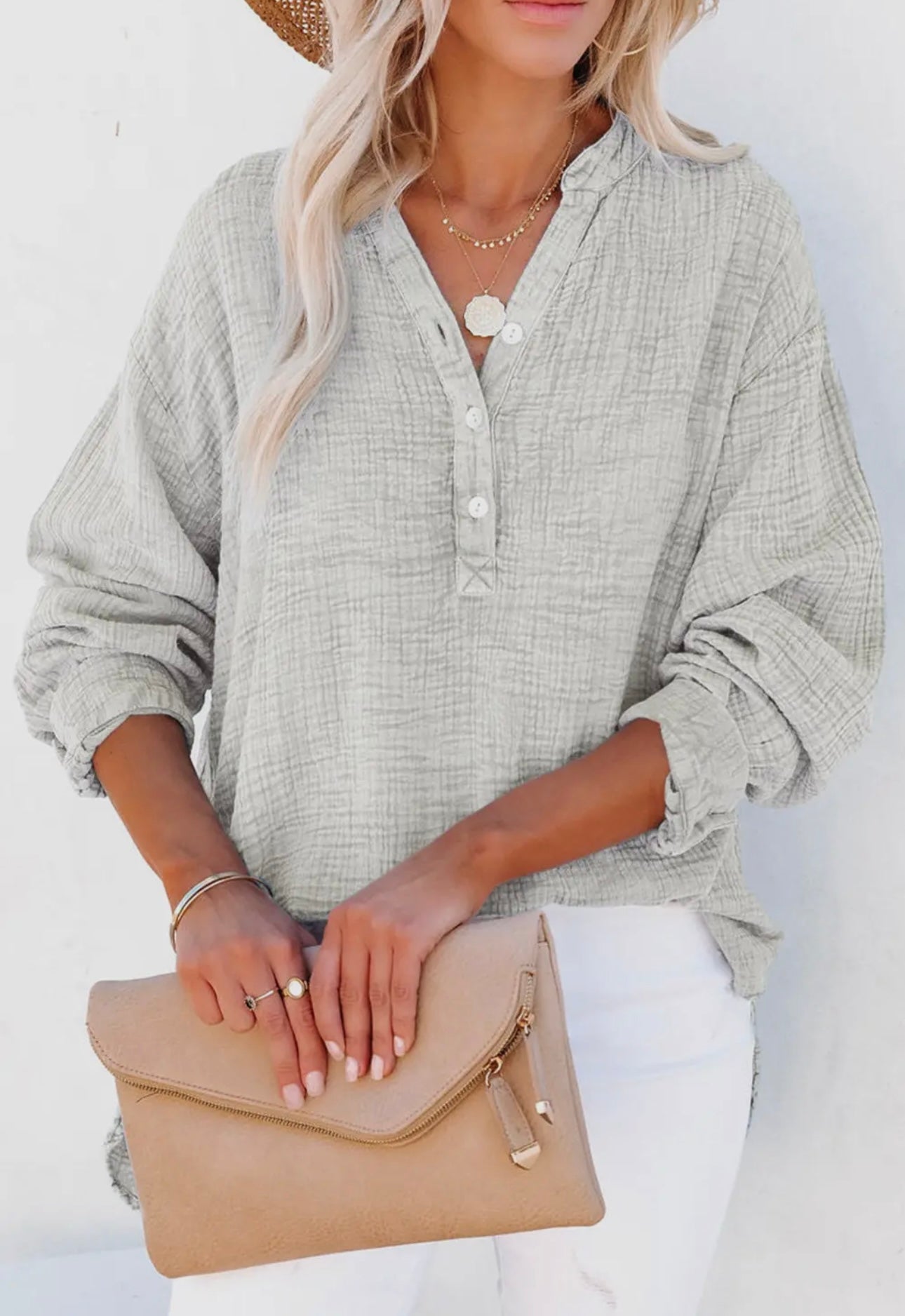 CRINKLE TEXTURED LOOSE HENLEY TOP