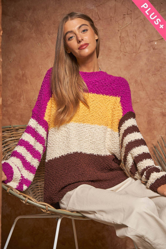 PLUS STRIPE COLOR BLOCK SLOUCHY LOOSE SWEATER TOP