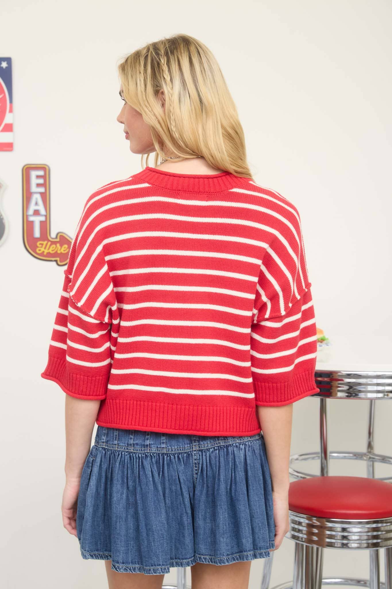 STRIPE RAW EDGE DROP SHOULDER SHORT SLEEVE SWEATER