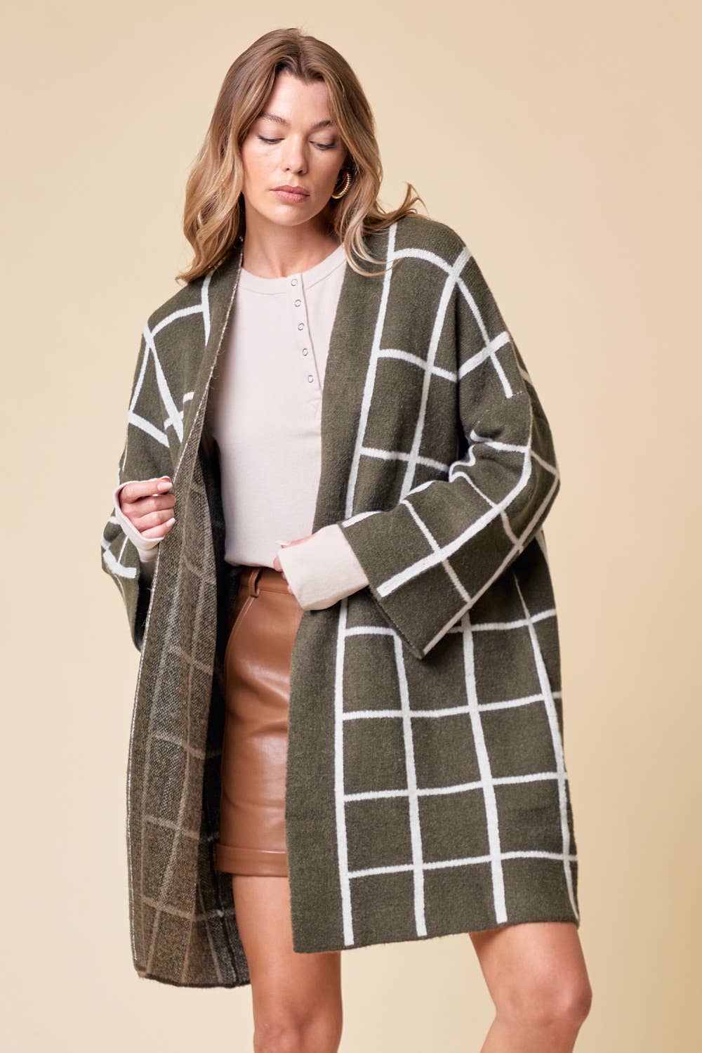 GRID PATTERNED LONG CARDIGAN - 1627C