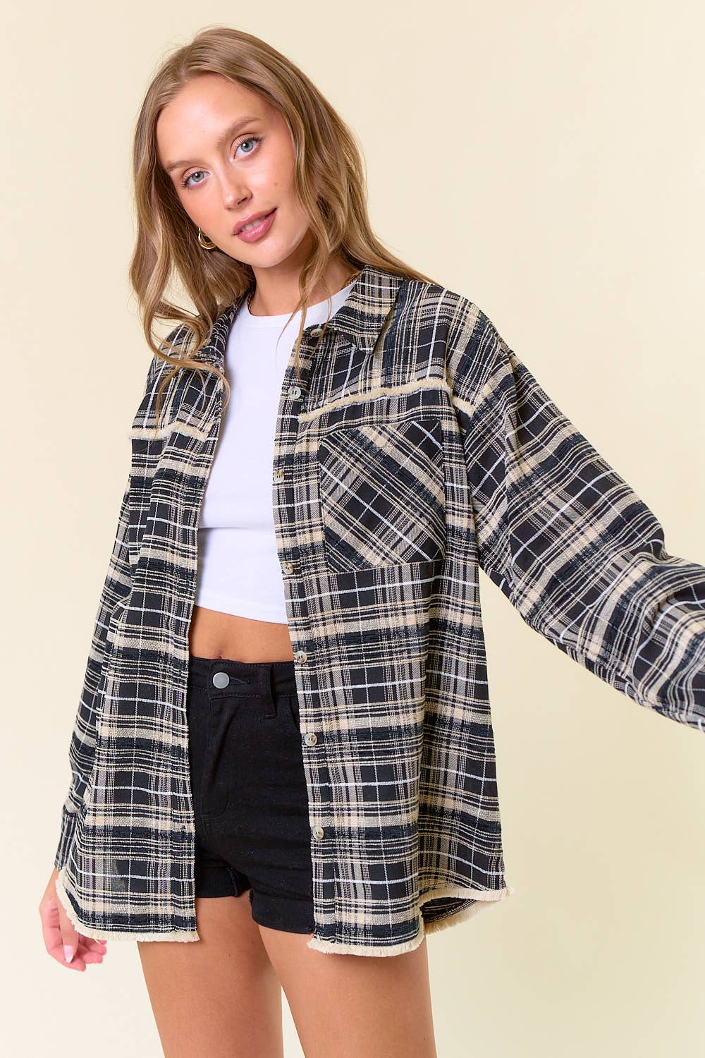 Plaid Flannel Shirt W/ Fringe Edge