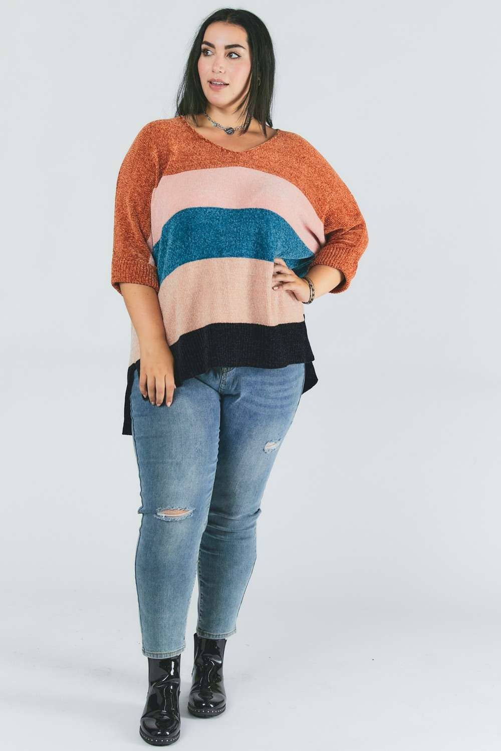 PLUS MULTI STRIPE COLORBLOCK LOOSE FIT SWEATER