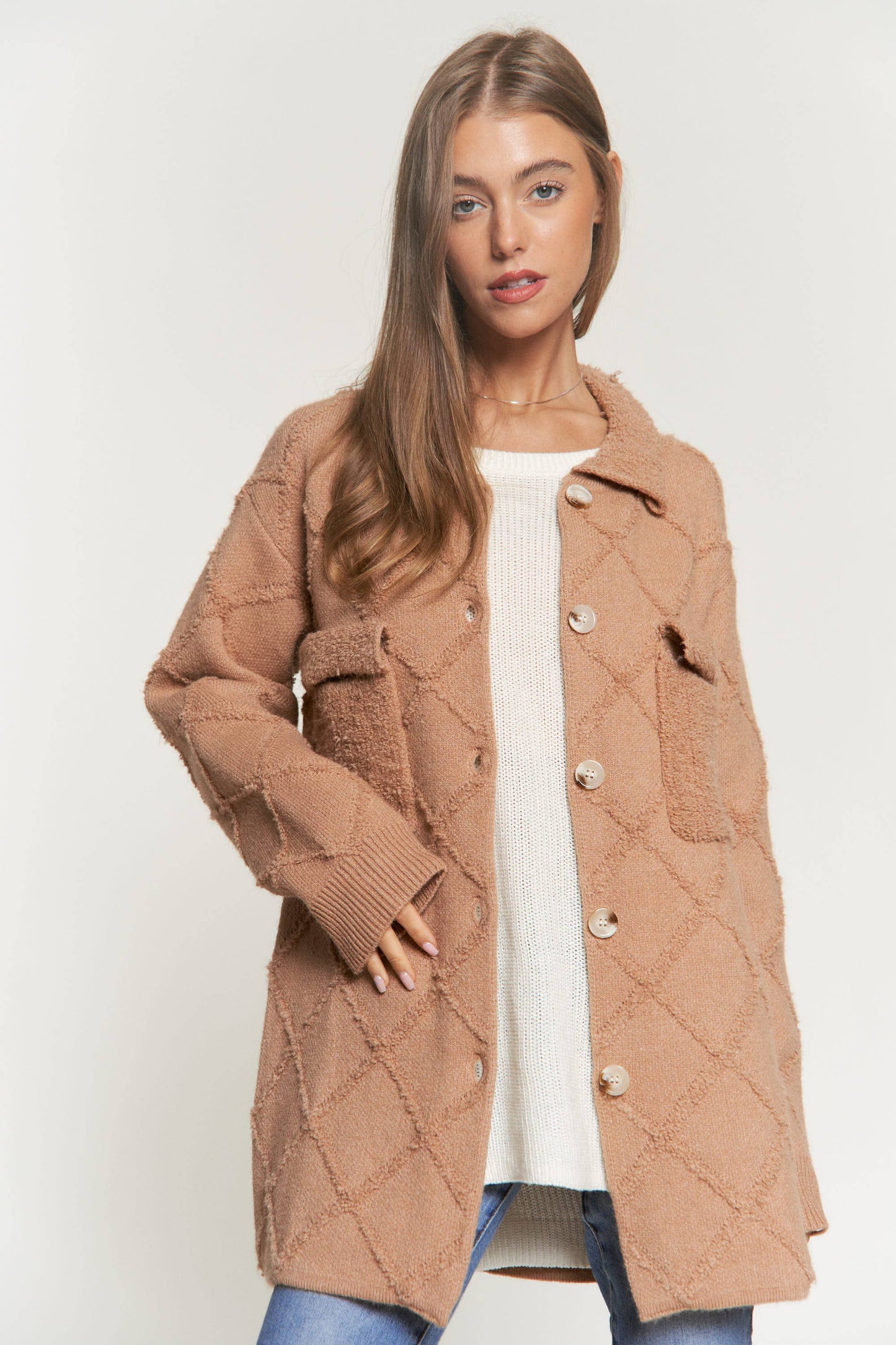 RHOMBUS TEXTURED BUTTON FRONT SOFT KNIT JACKET