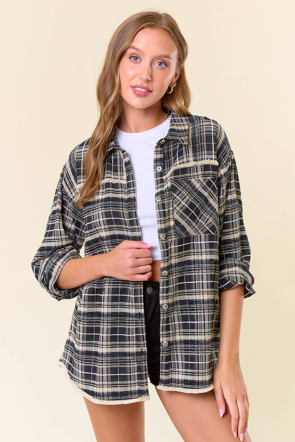 Plaid Flannel Shirt W/ Fringe Edge