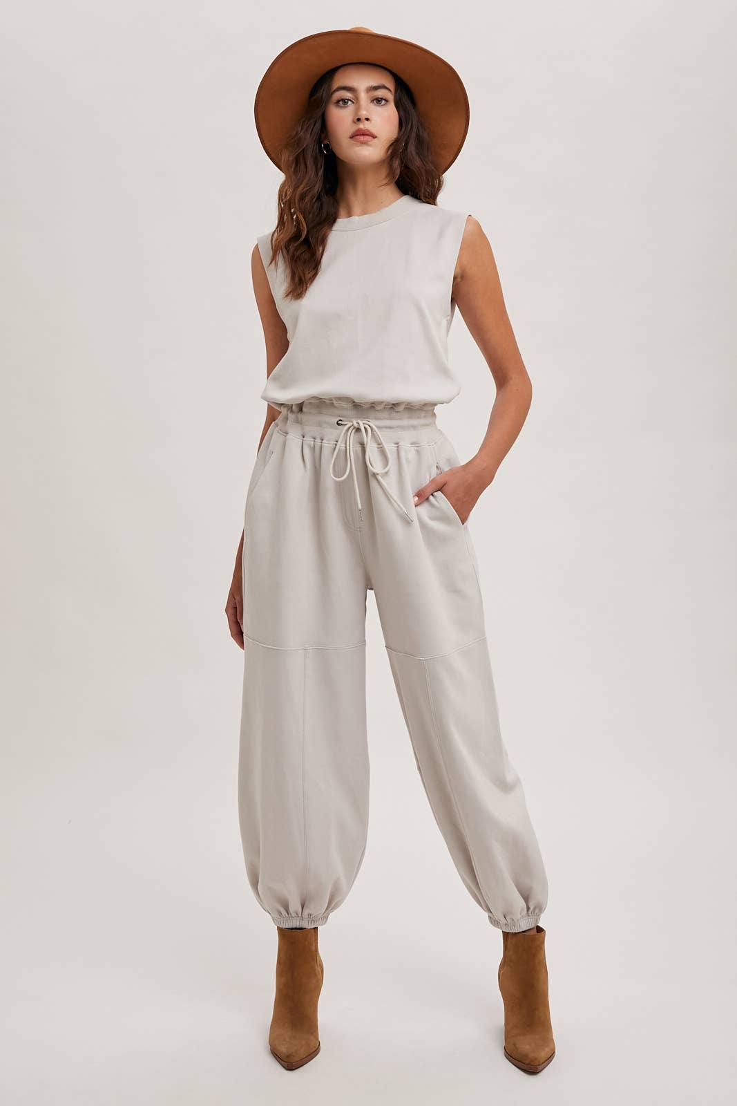 DRAWSTRING WAIST SLEEVELESS KNIT ACIVE JUMPSUIT