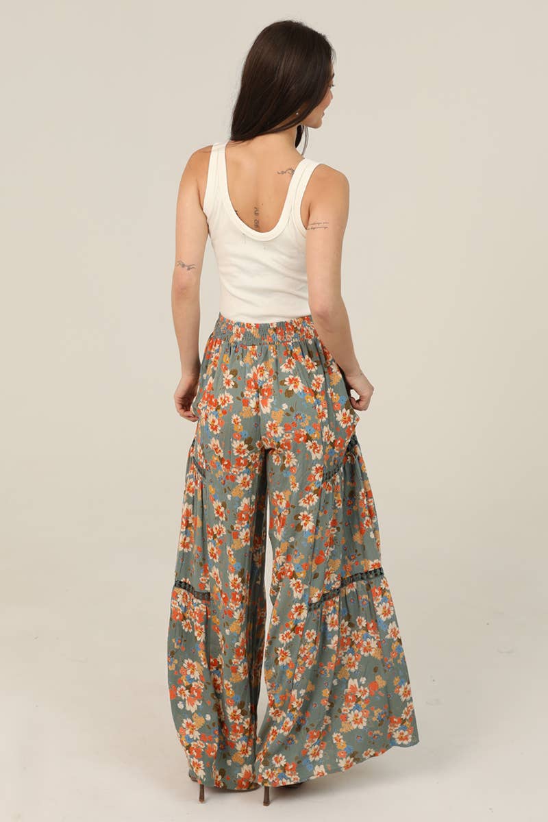 FLORAL PRINT WIDE LEG PANTS WITH LACE INSERTS
