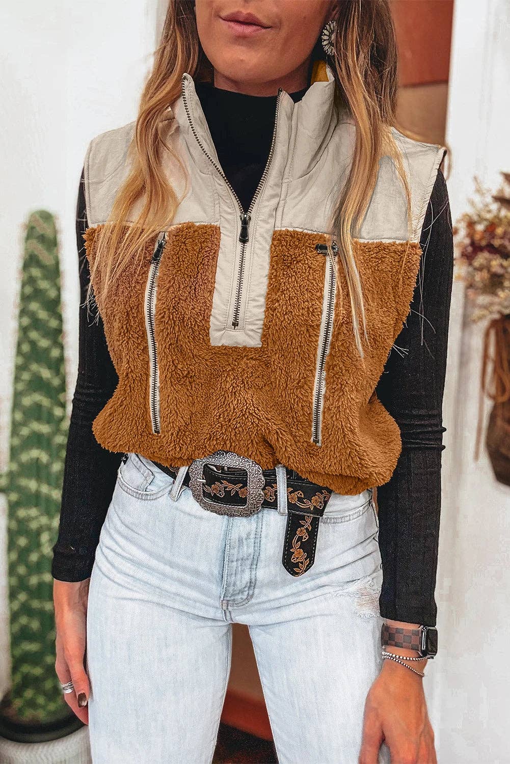 Chestnut Color Block Plush Patchwork Zipper Stand Neck Vest
