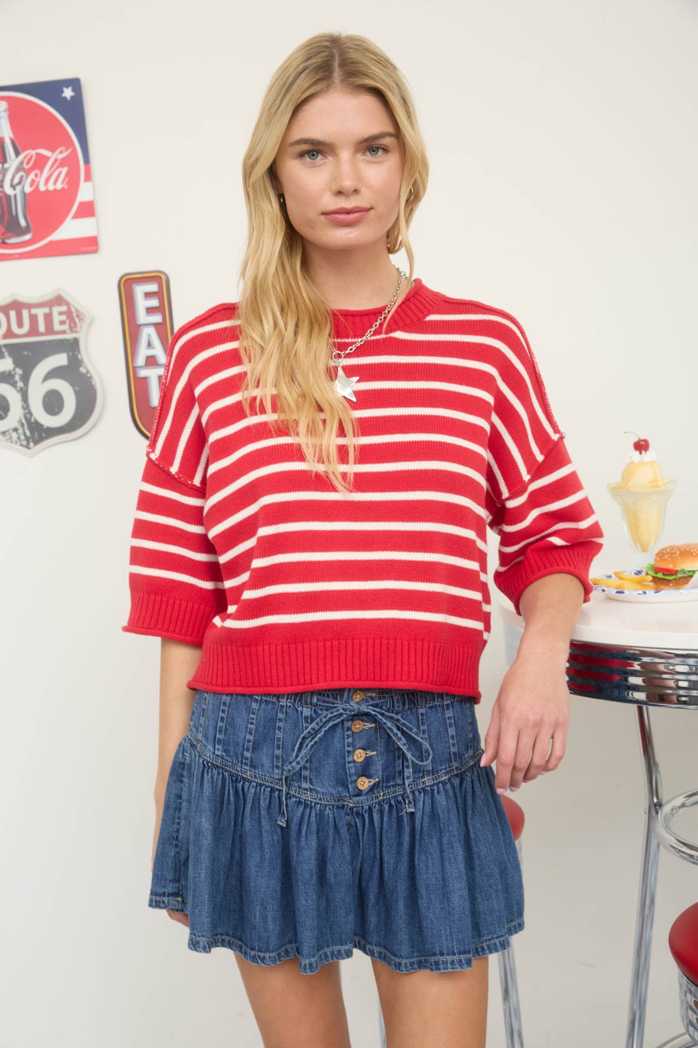 STRIPE RAW EDGE DROP SHOULDER SHORT SLEEVE SWEATER