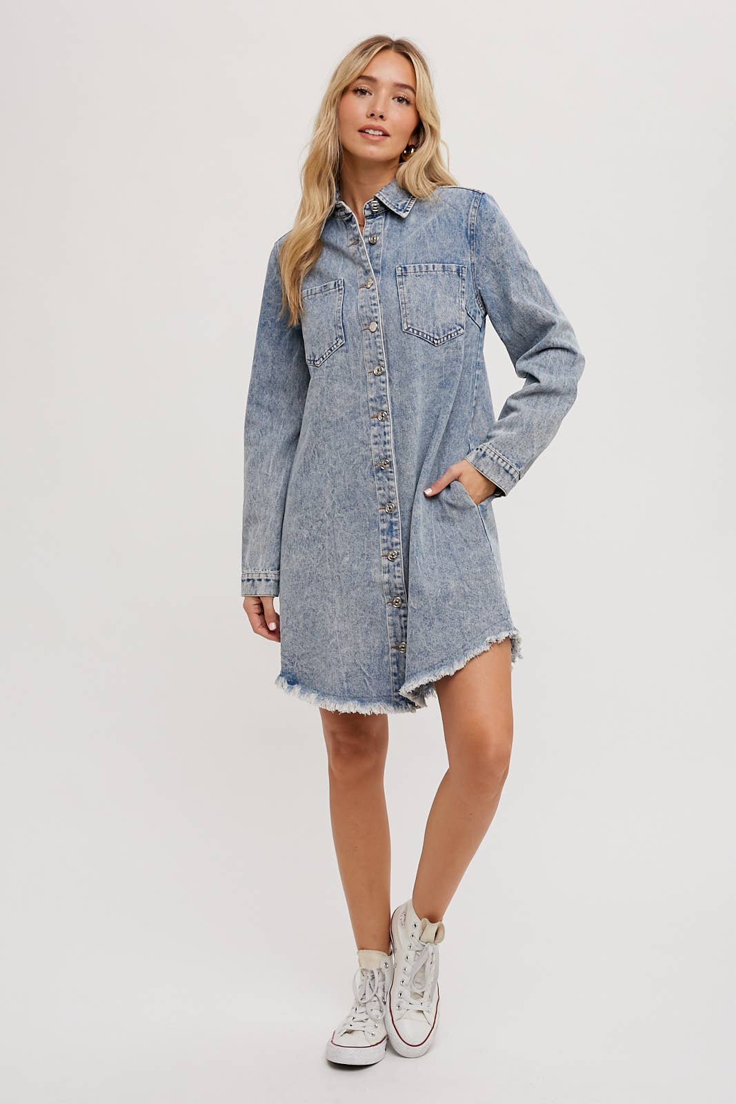 DENIM DISTRESSED LONGSLEEVE SHIRT DRESS