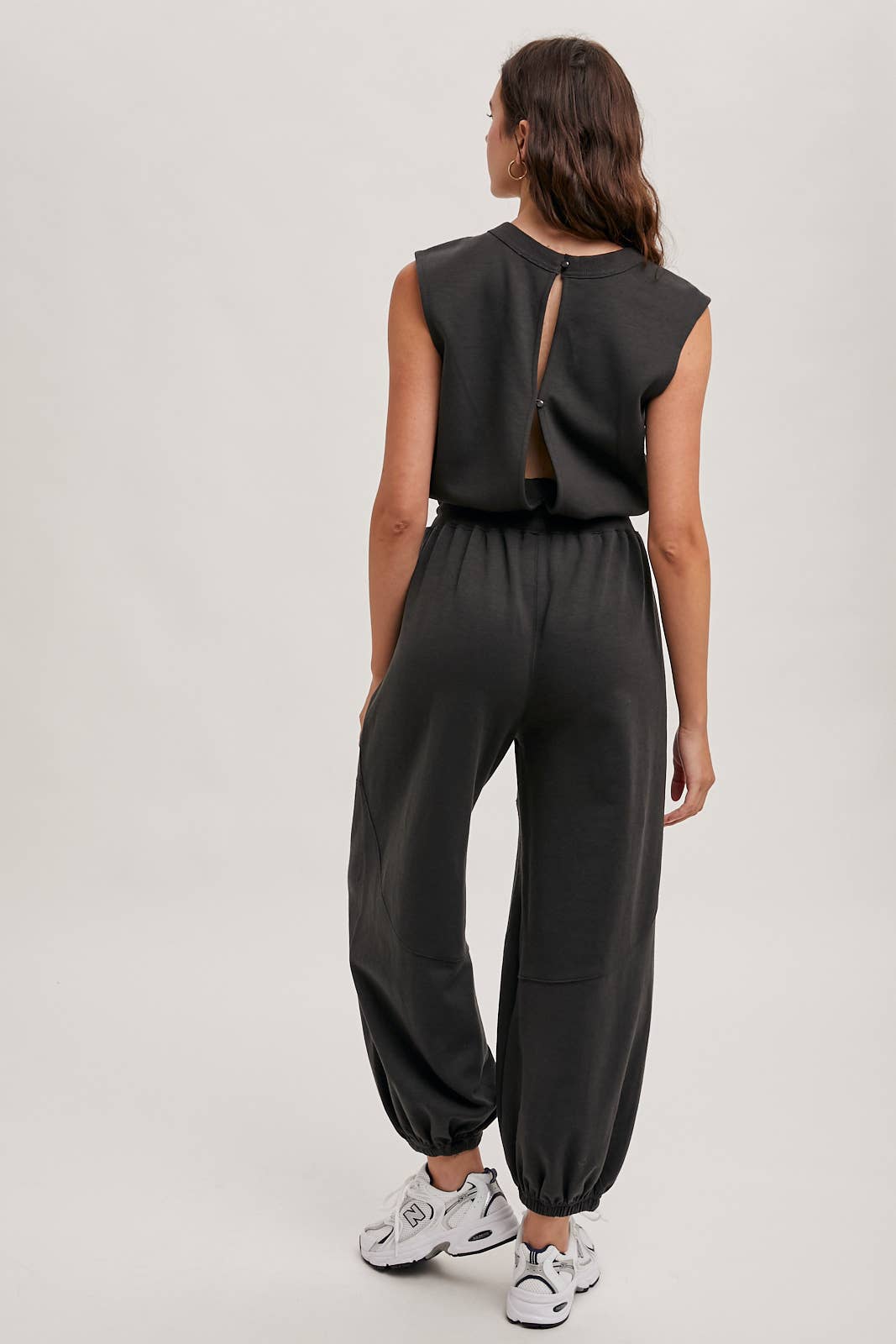DRAWSTRING WAIST SLEEVELESS KNIT ACIVE JUMPSUIT