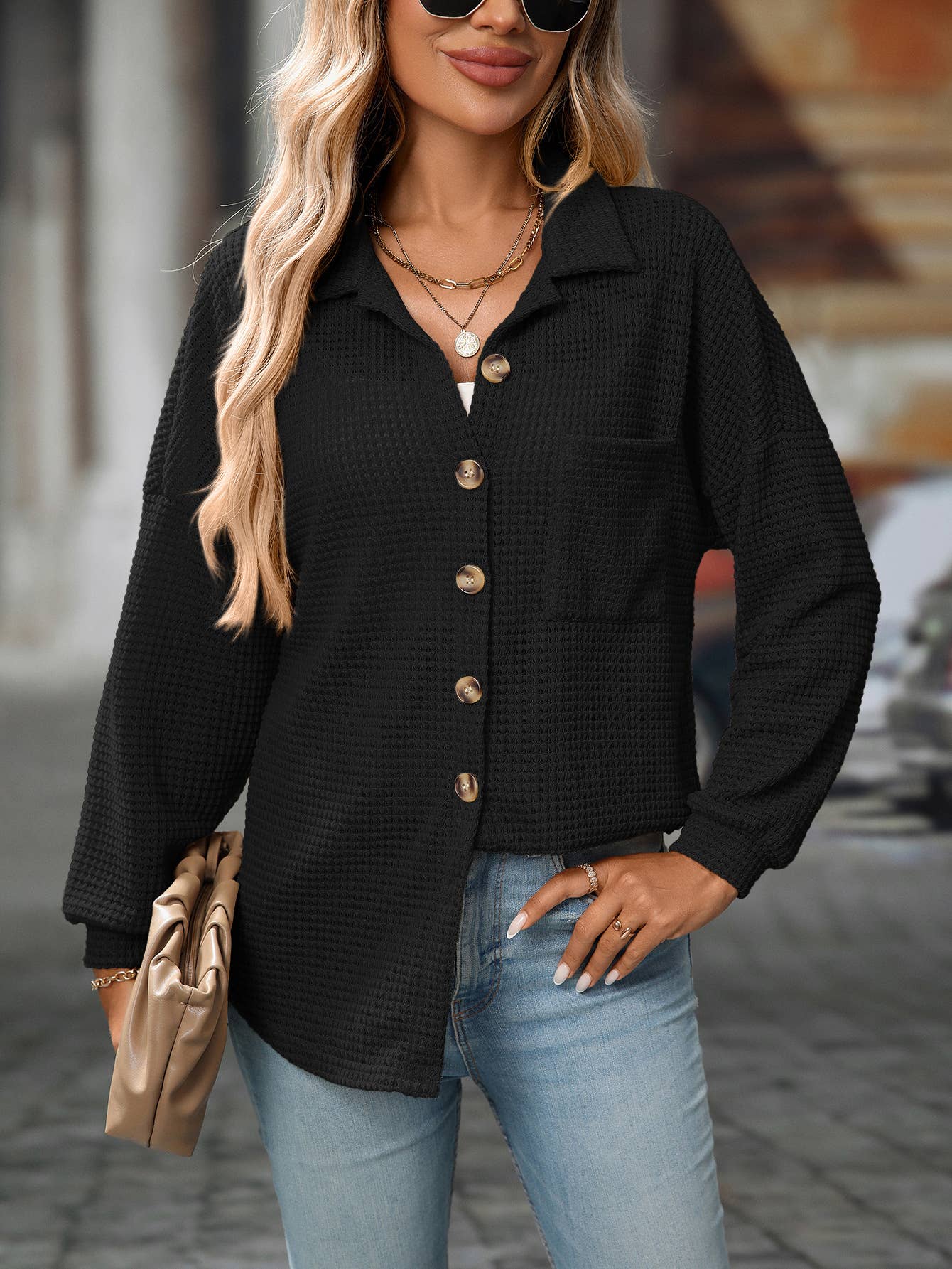 Waffle Knit Button-Up Shirt – Casual Fall Cardigan