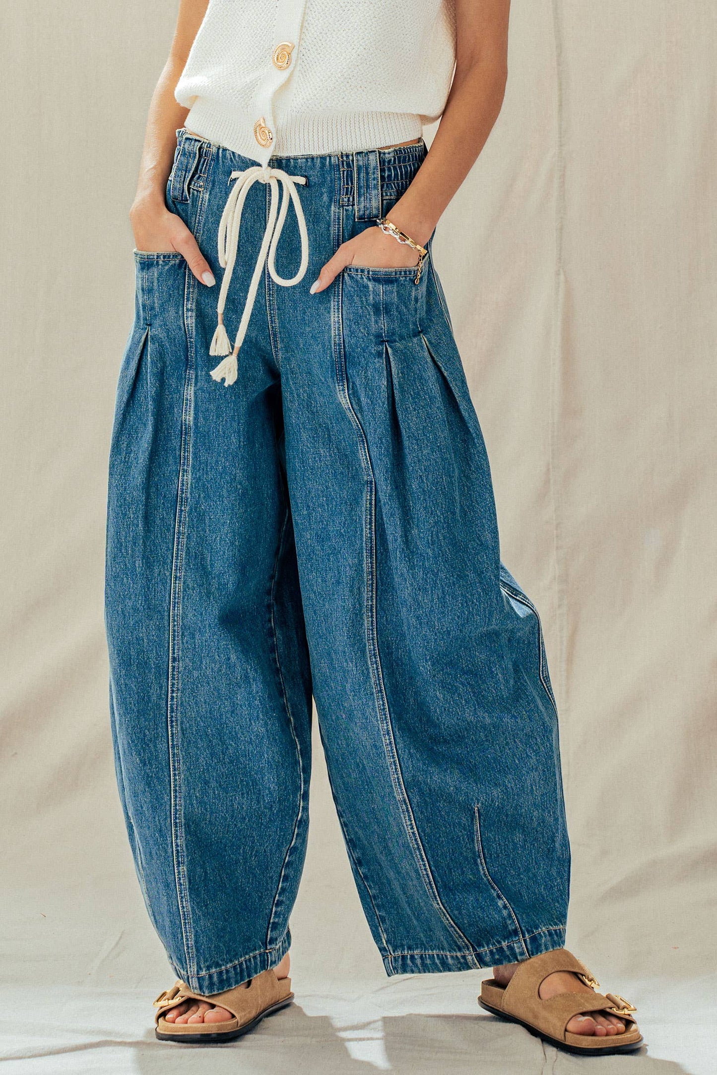 Rope Drawstring Balloon Pants Pleated Front