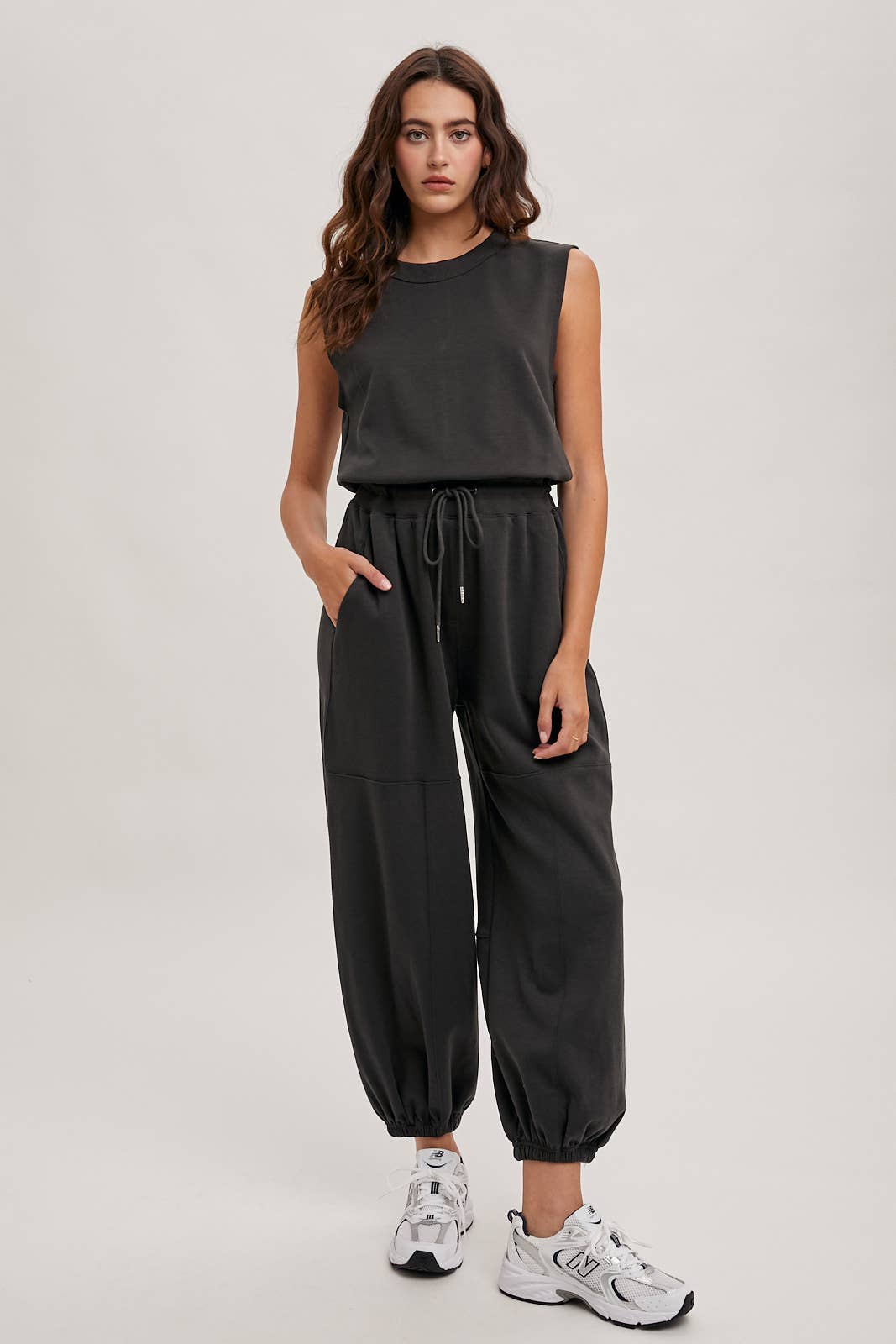 DRAWSTRING WAIST SLEEVELESS KNIT ACIVE JUMPSUIT
