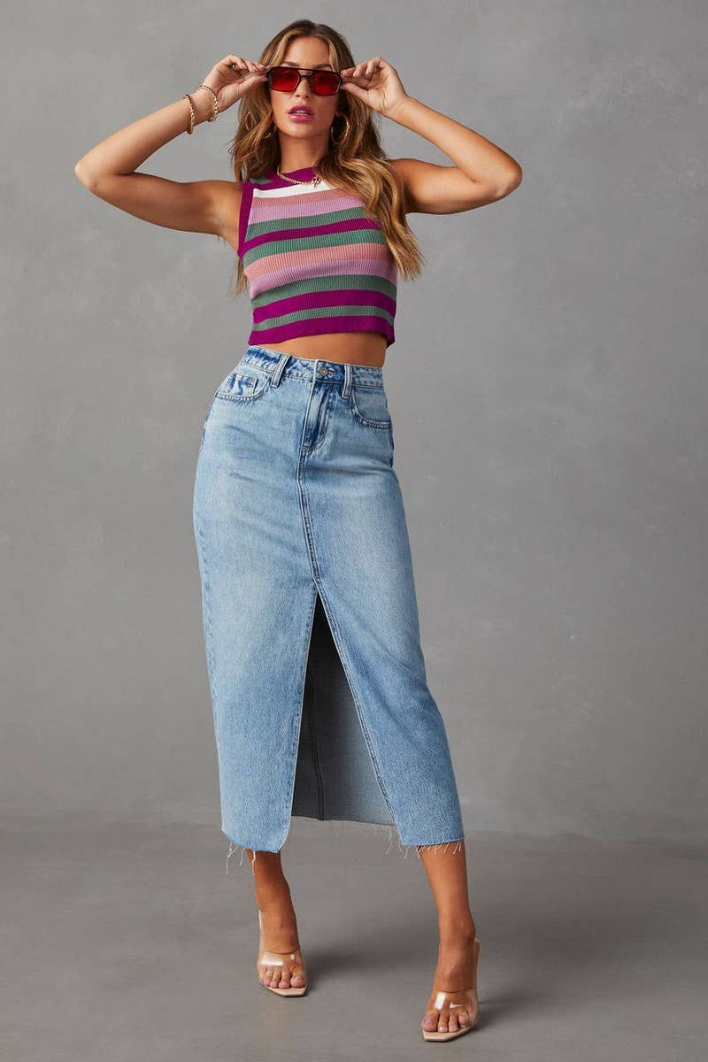 HIP WRAPPED SPLIT DENIM SKIRT