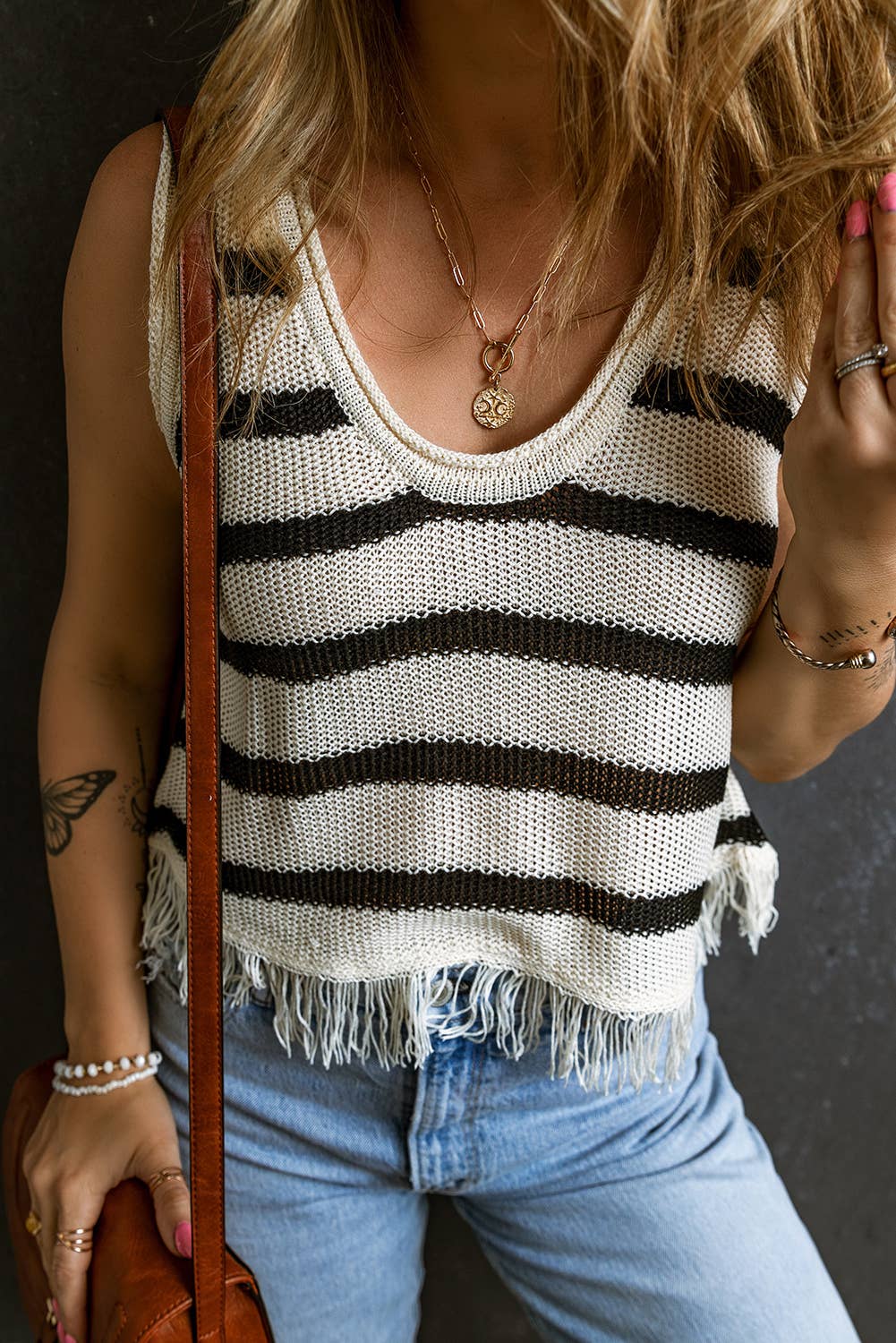 Beige Stripe Loose Knit Fringe Tank Top