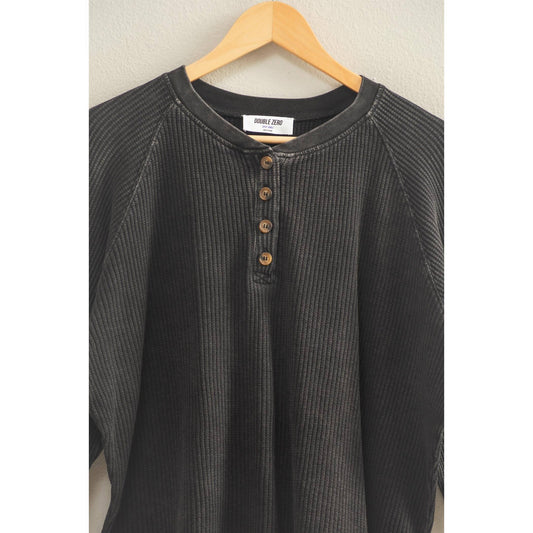 Mineral Washed Henley Waffle Raglan Sleeve Top