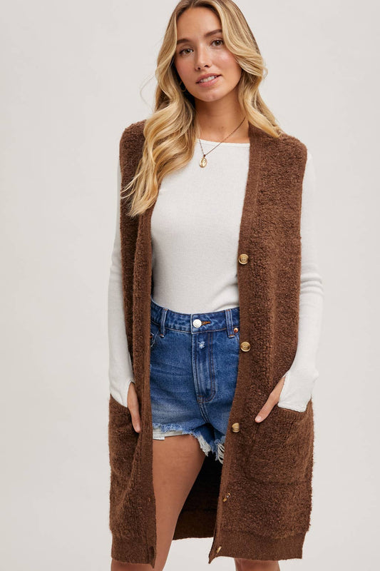 BUTTON DOWN V-NECK TEDDY KNIT LONG LINED VEST