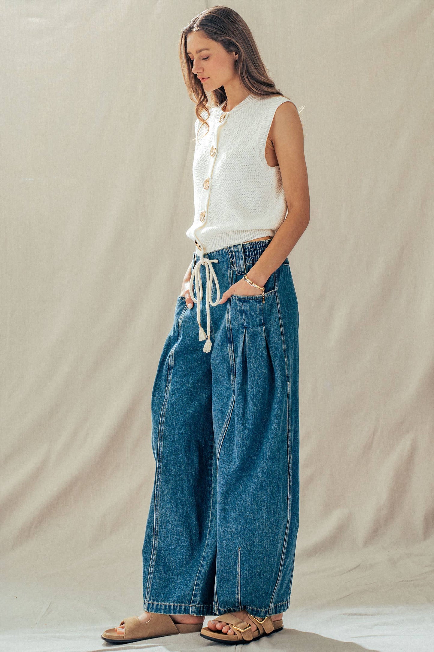 Rope Drawstring Balloon Pants Pleated Front