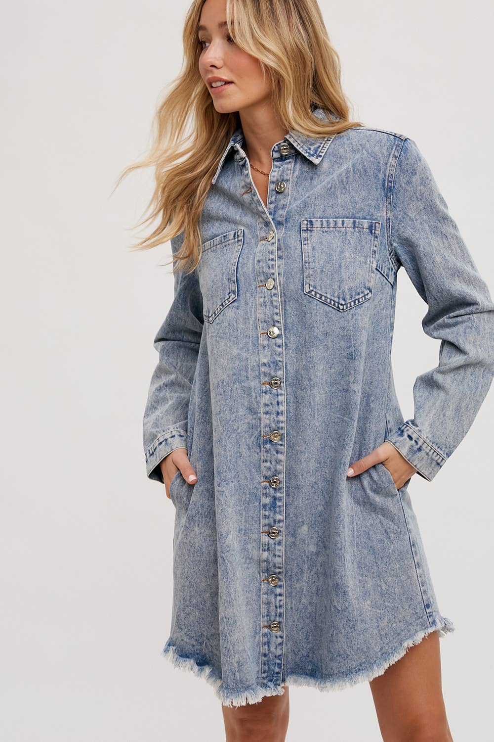 DENIM DISTRESSED LONGSLEEVE SHIRT DRESS