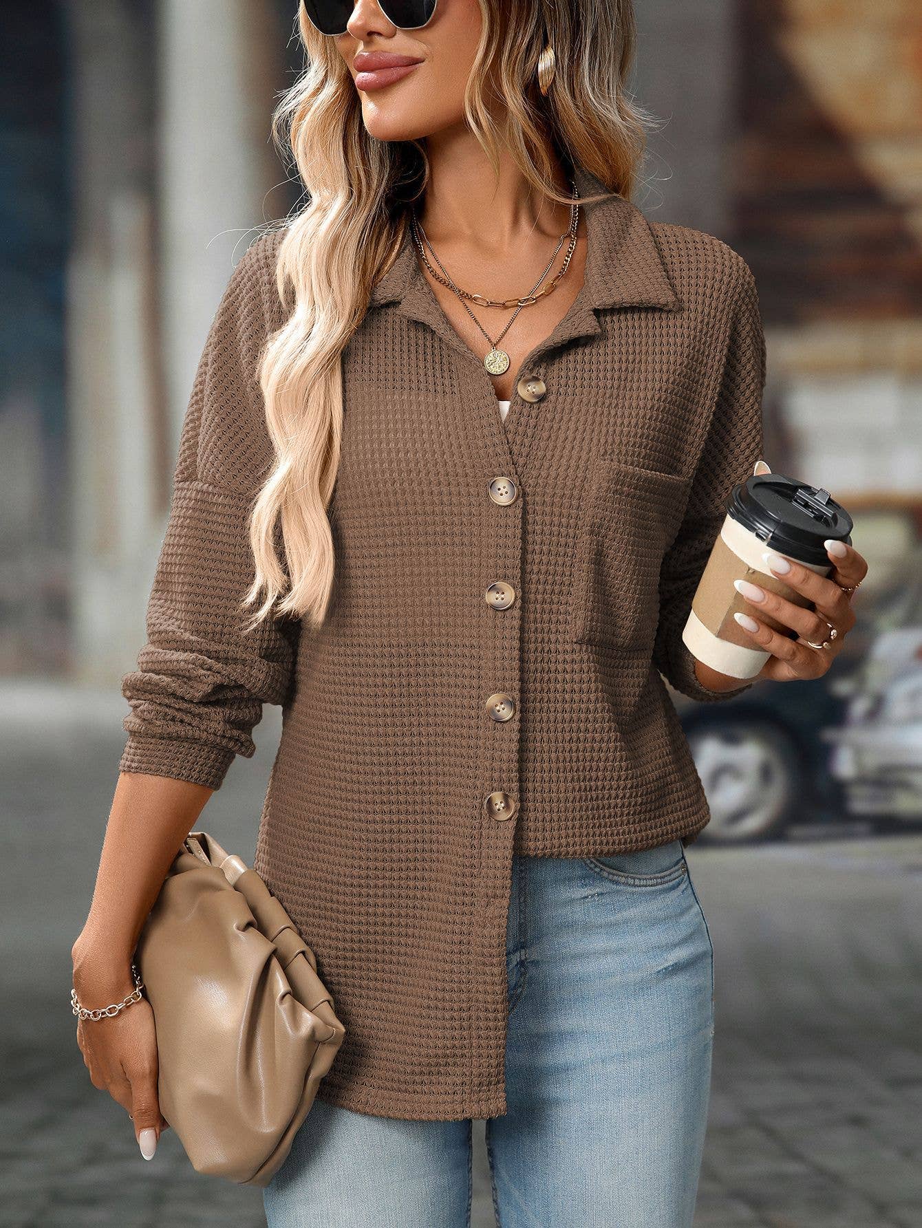 Waffle Knit Button-Up Shirt – Casual Fall Cardigan
