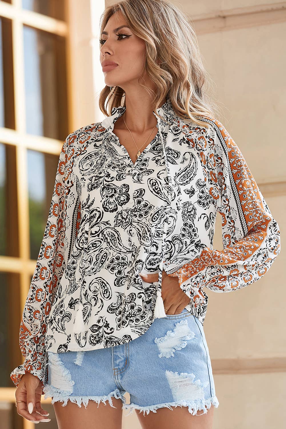 Abstract Print Flounce Sleeve Tasseled V Neck Blouse