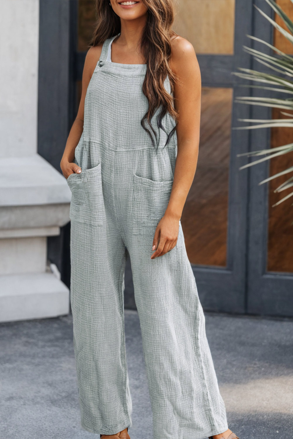 Textured Wide Leg Overall with Pockets