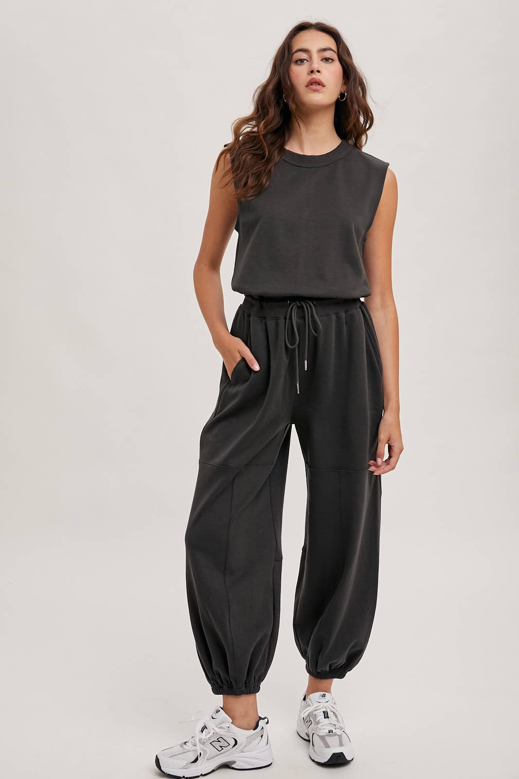 DRAWSTRING WAIST SLEEVELESS KNIT ACIVE JUMPSUIT