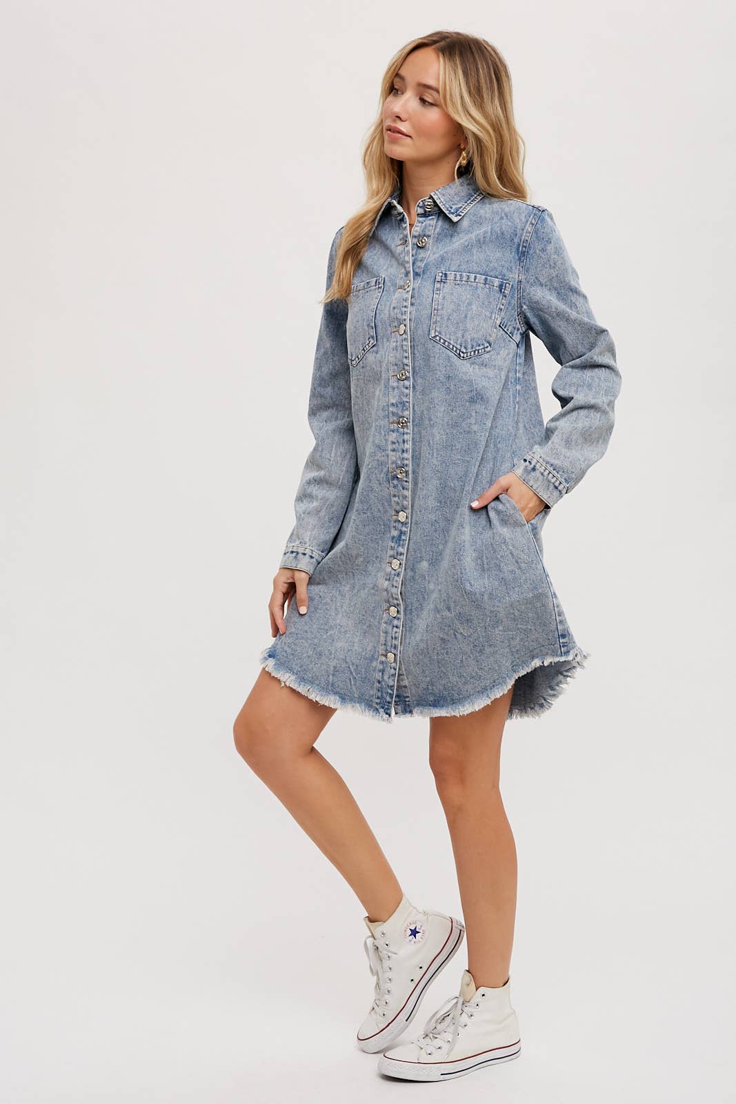 DENIM DISTRESSED LONGSLEEVE SHIRT DRESS