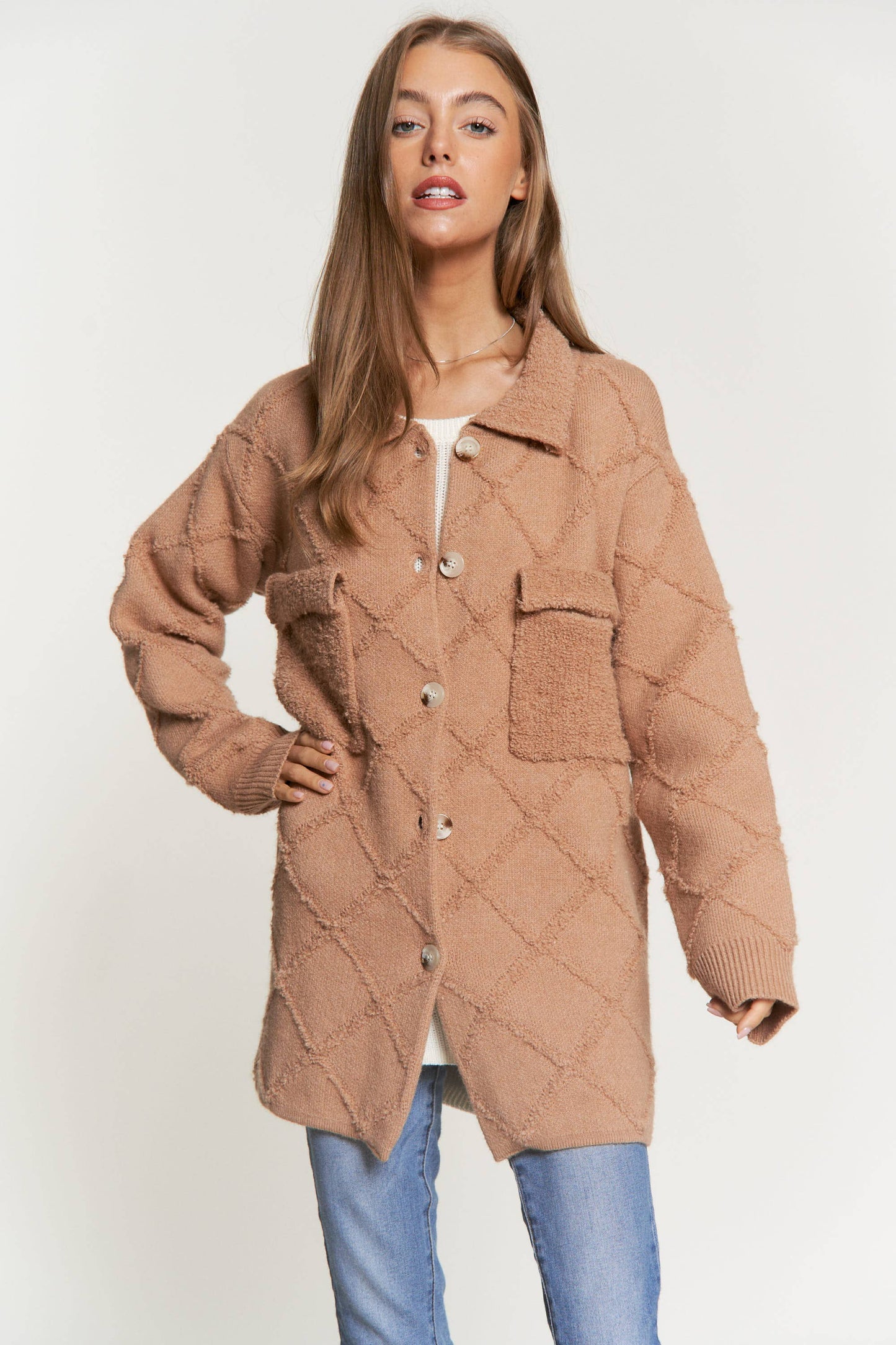 RHOMBUS TEXTURED BUTTON FRONT SOFT KNIT JACKET