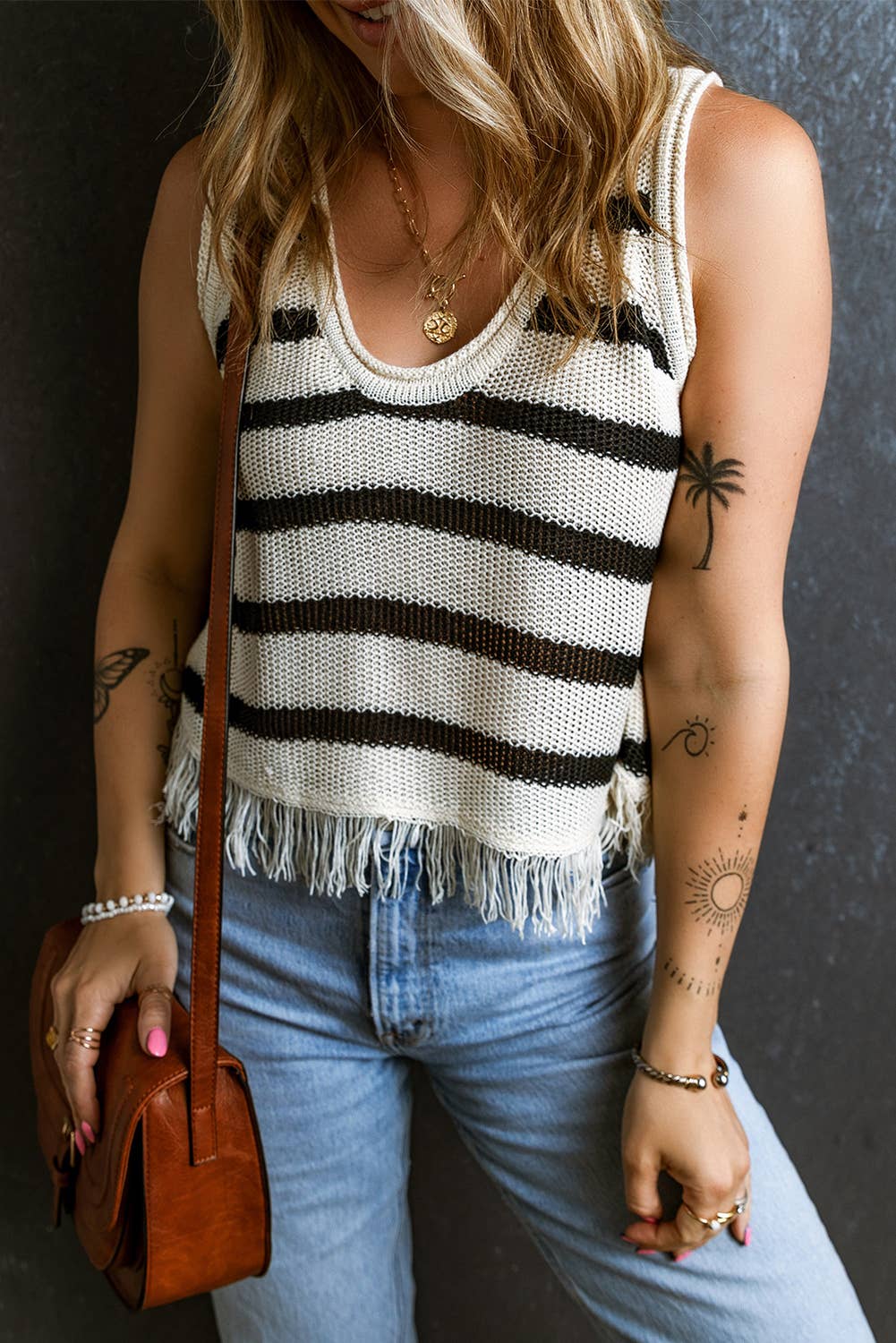 Beige Stripe Loose Knit Fringe Tank Top