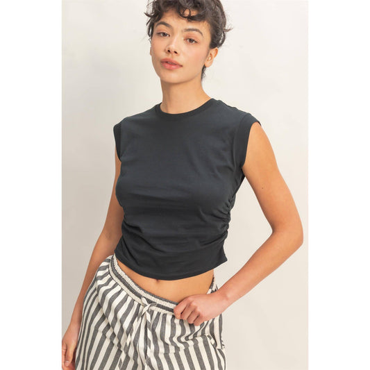Ruched Waist Sleeveless Cotton Top