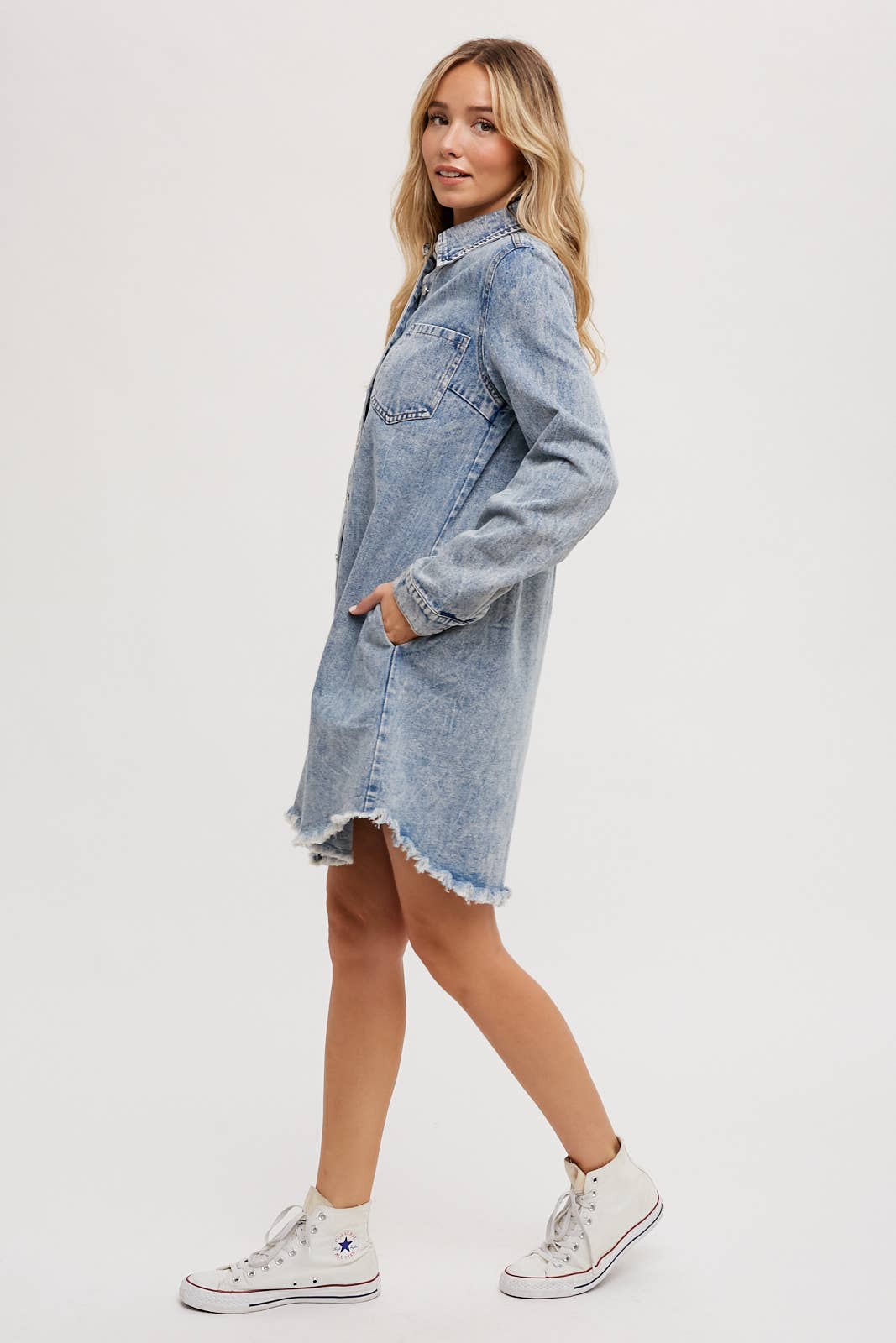 DENIM DISTRESSED LONGSLEEVE SHIRT DRESS