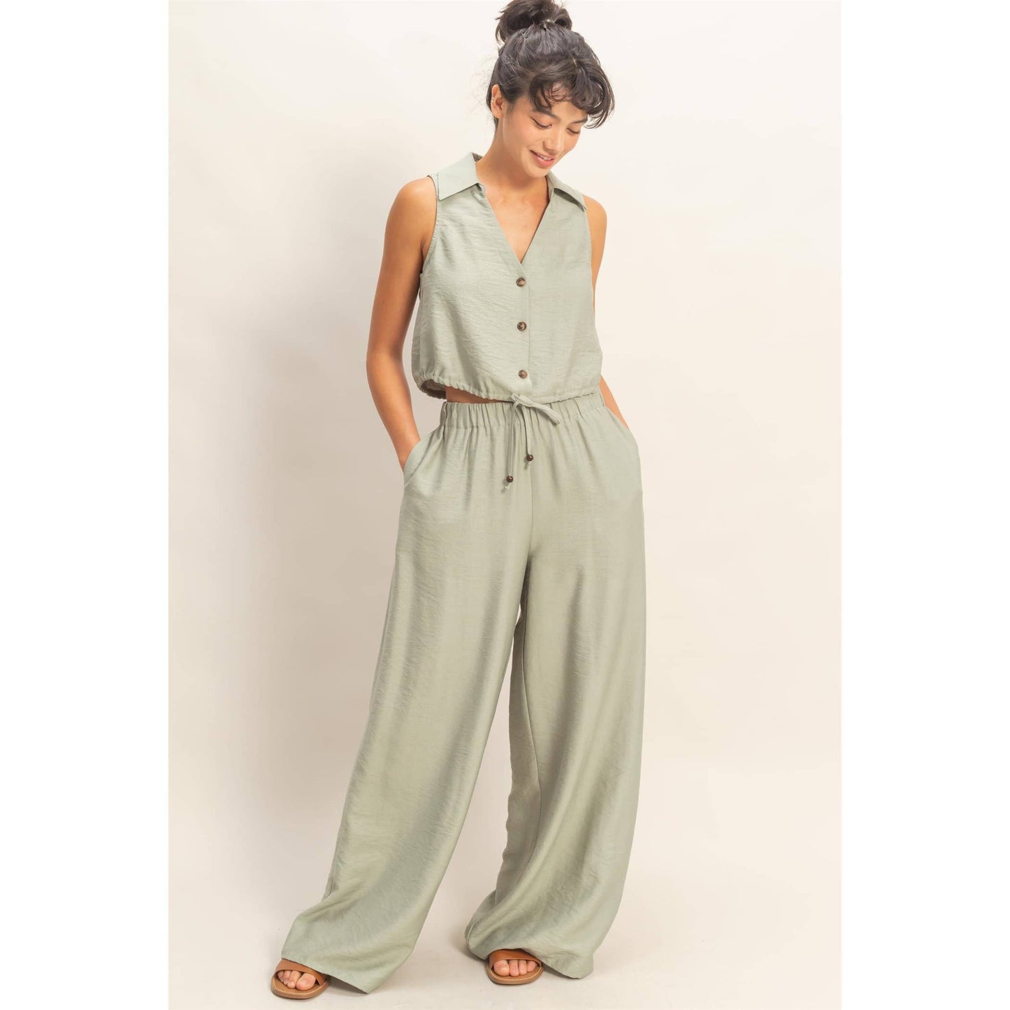 Button Front Vest & Elastic Pants Set