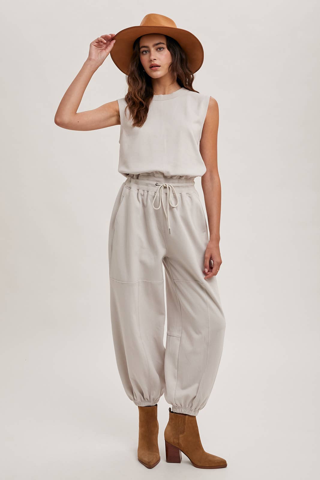 DRAWSTRING WAIST SLEEVELESS KNIT ACIVE JUMPSUIT