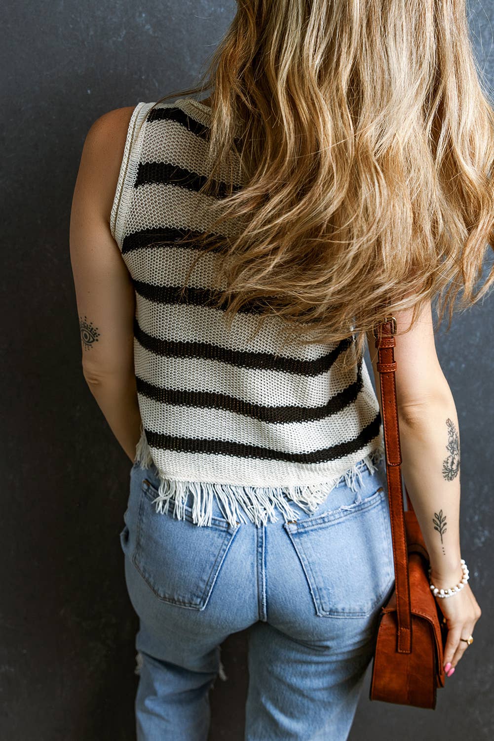 Beige Stripe Loose Knit Fringe Tank Top