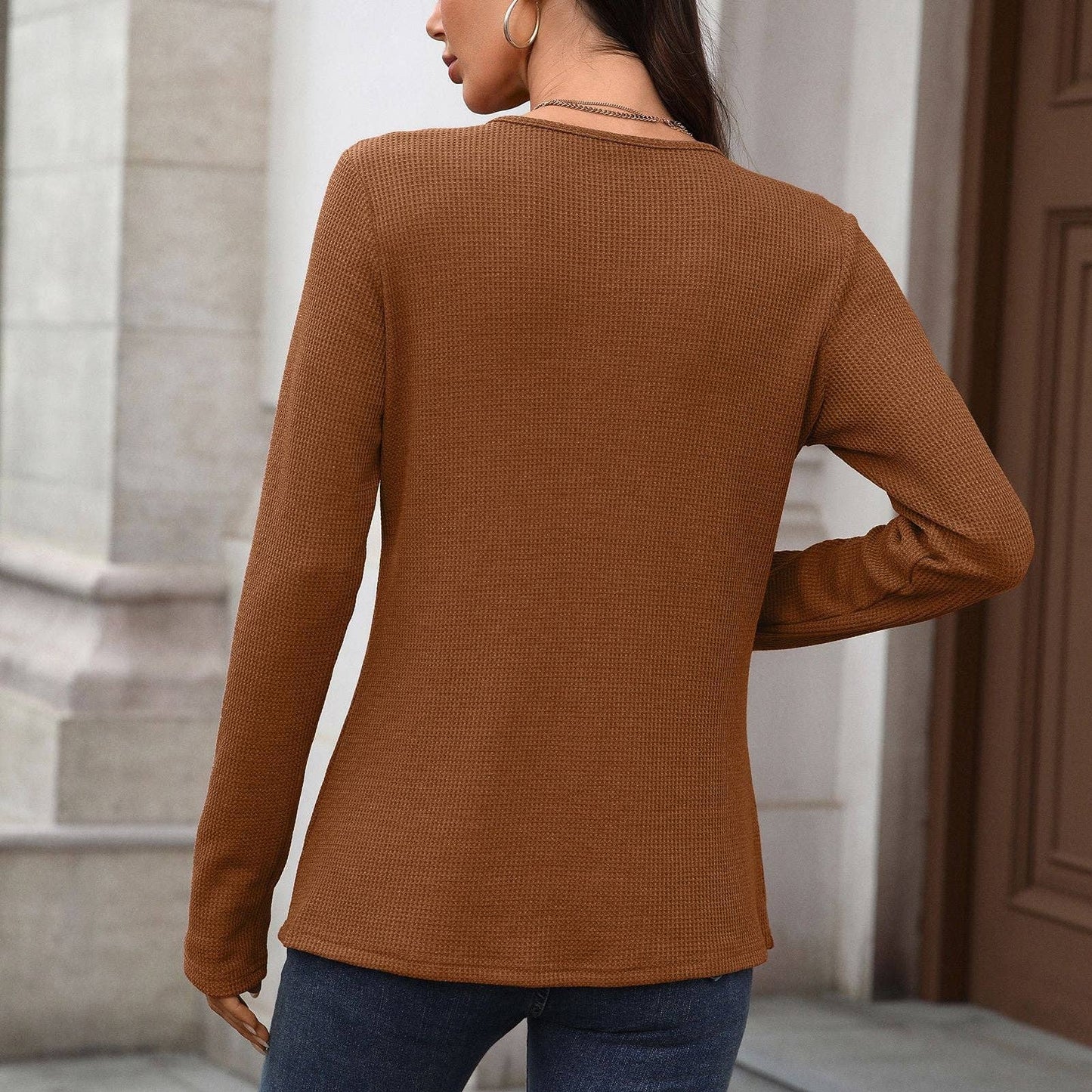 Pure Color Button Neck Pullover | Casual Long Sleeve Top