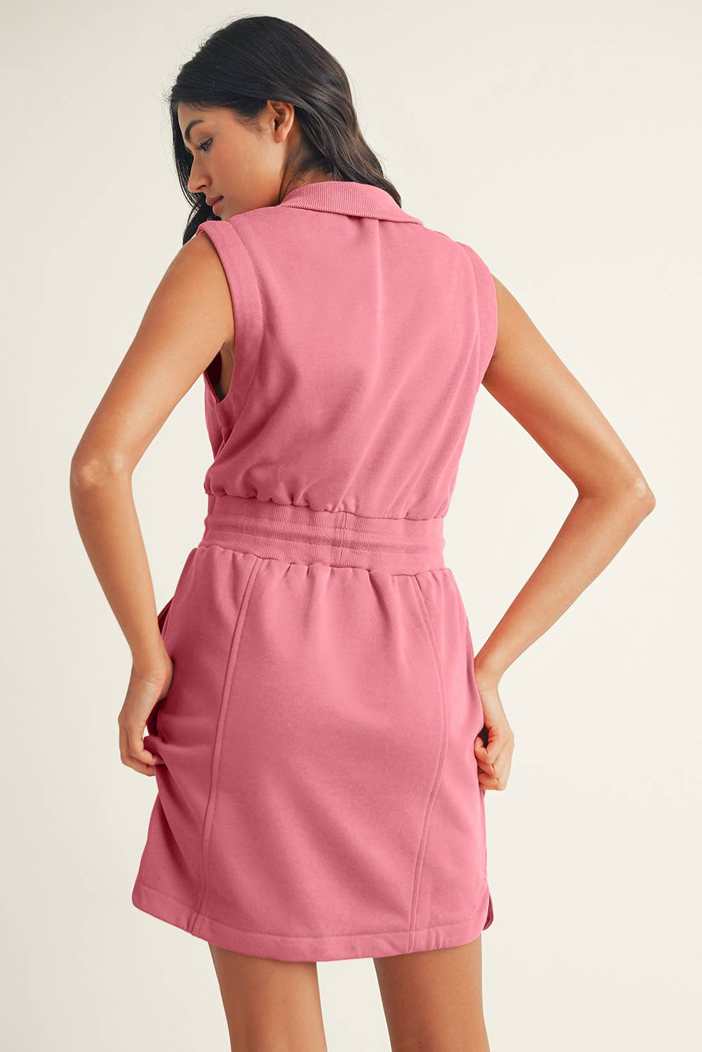 LDC French Terry Zipped Collar Drawstring Waist Mini Dress