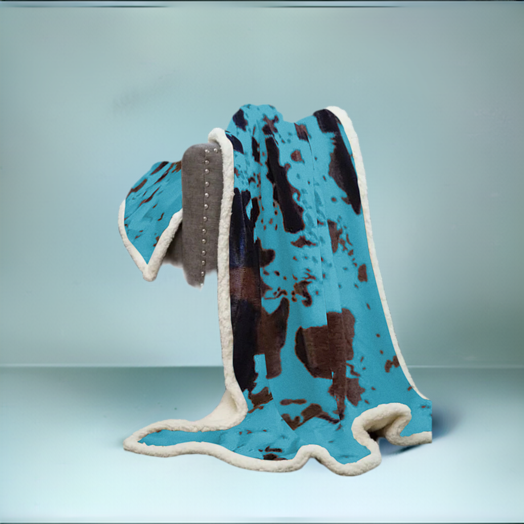 Turquoise Cowhide Sherpa Throw Blanket