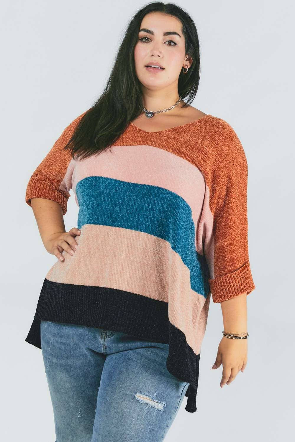 PLUS MULTI STRIPE COLORBLOCK LOOSE FIT SWEATER