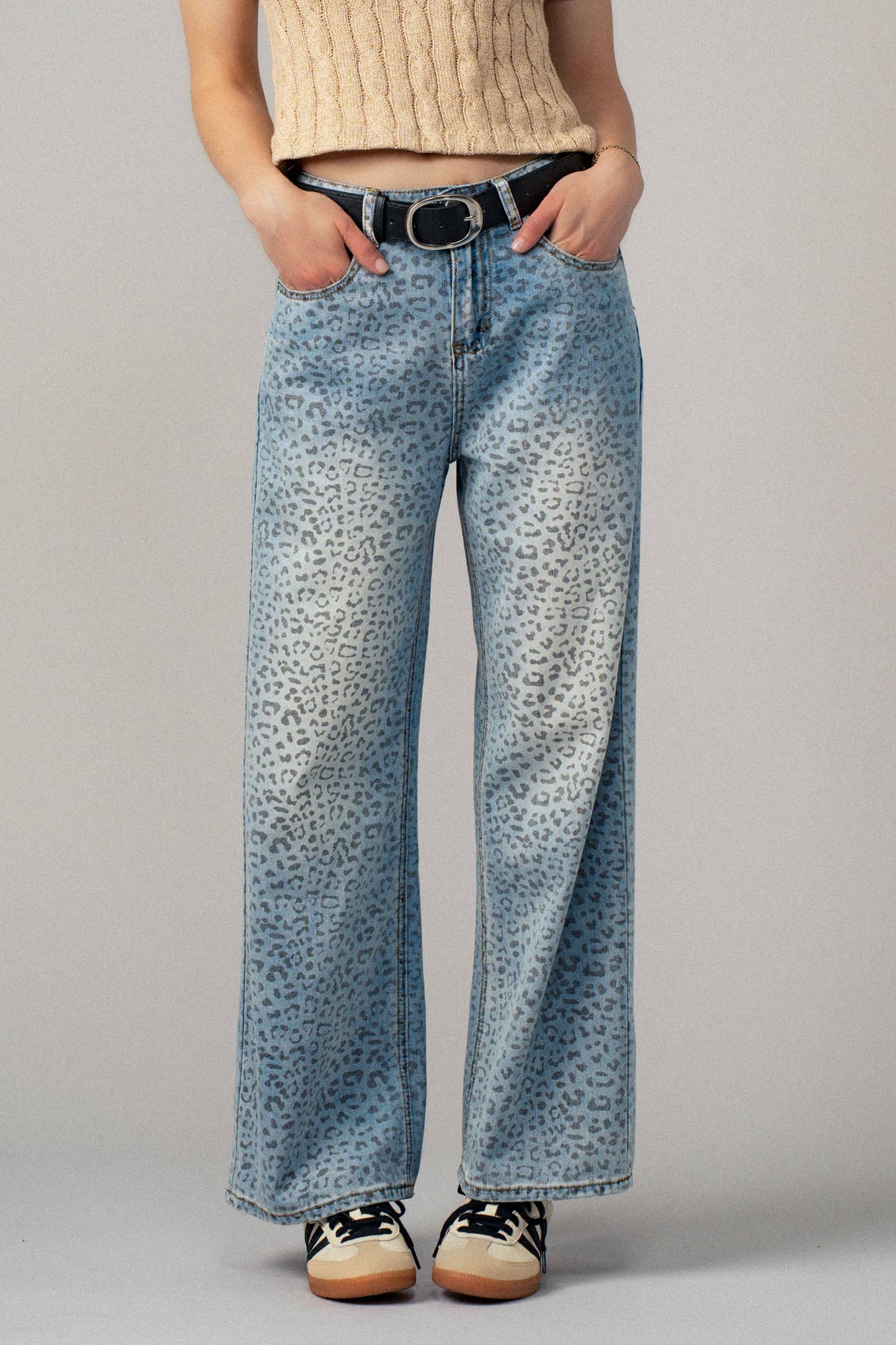 Leopard Print Wide-Leg Denim Pants