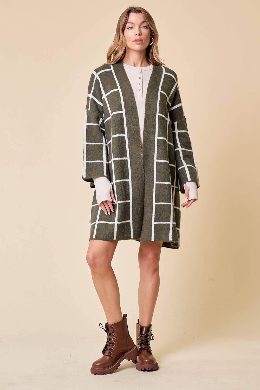 GRID PATTERNED LONG CARDIGAN - 1627C